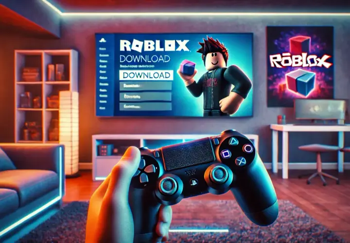 Gotowe do gry w Roblox na PS4 po polsku! Ekran telewizora pokazuje opcję pobierania, a w ręce trzymasz kontroler.