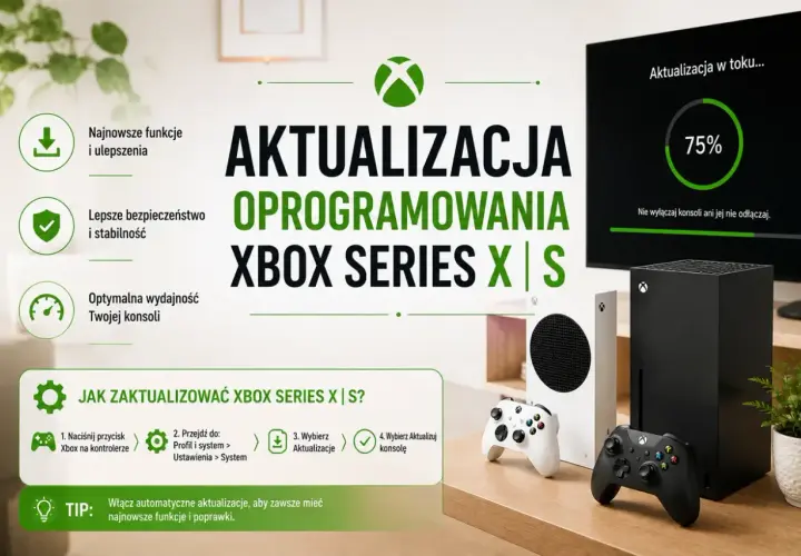Aktualizacja oprogramowania Xbox Series X|S zapewnia najnowsze funkcje i poprawki. Na ekranie widać postęp 75%.