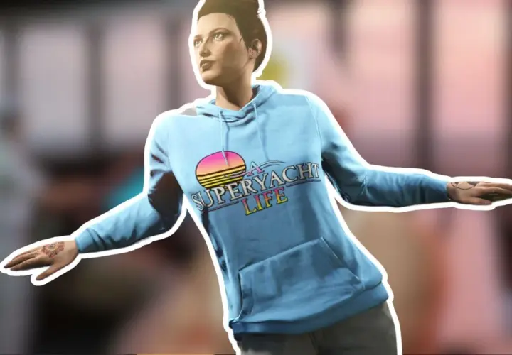 Kobieta w błękitnej bluzie z napisem "Superyacht Life" na tle zachodzącego słońca, jakby z gry GTA 5 na Nintendo Switch.