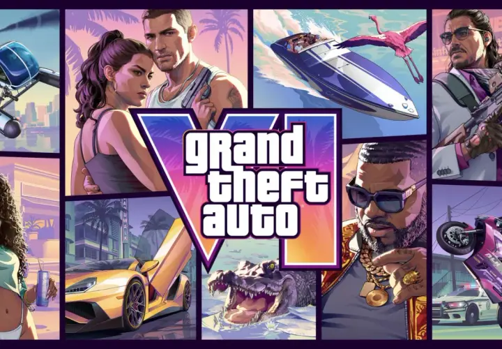 Kolaż z gry PS4 GTA 6: helikopter, para, łódź, mężczyzna z bronią, kobieta, samochód, aligator, raper i motocyklista.
