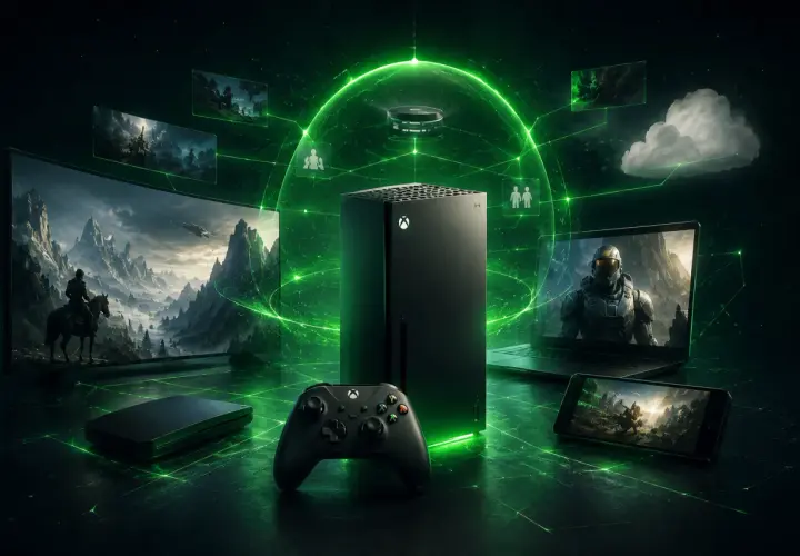 Xbox Series X w centrum cyfrowego świata, otoczony ekranami z grami, kontrolerem i chmurą. Premiera Xbox One X była przełomem.