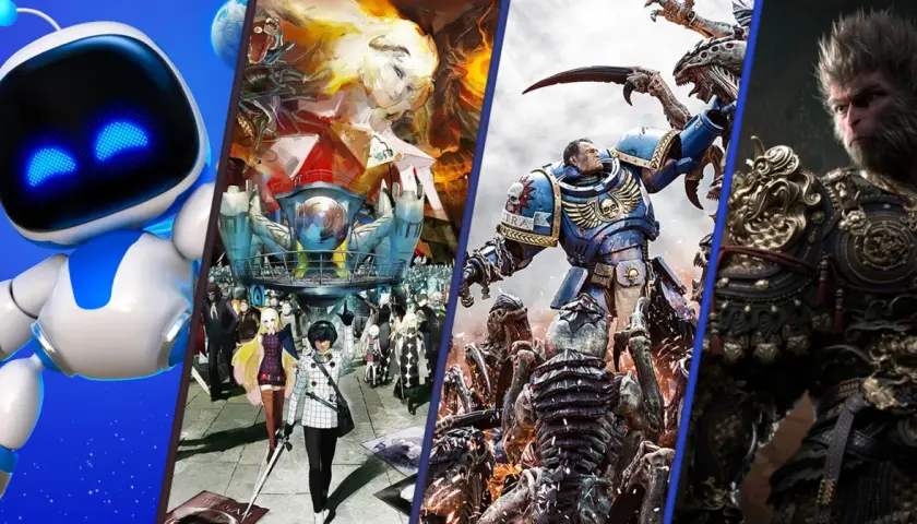 Astro Bot, postacie z gry Persona, Space Marine walczący z potworami i wojownik w zbroi – kolaż przedstawiający najpopularniejsze gry komputerowe.
