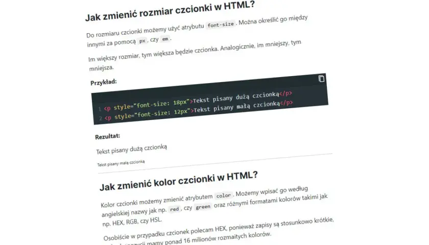 Jak zmienić czcionkę HTML? Przykład kodu pokazuje, jak ustawić rozmiar tekstu na 18px i 12px.