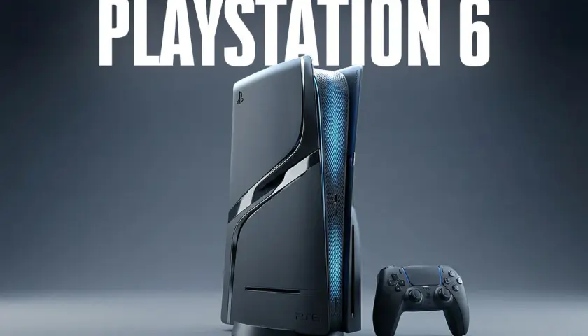 Futurystyczna konsola PlayStation 6 z niebieskimi akcentami i kontrolerem.