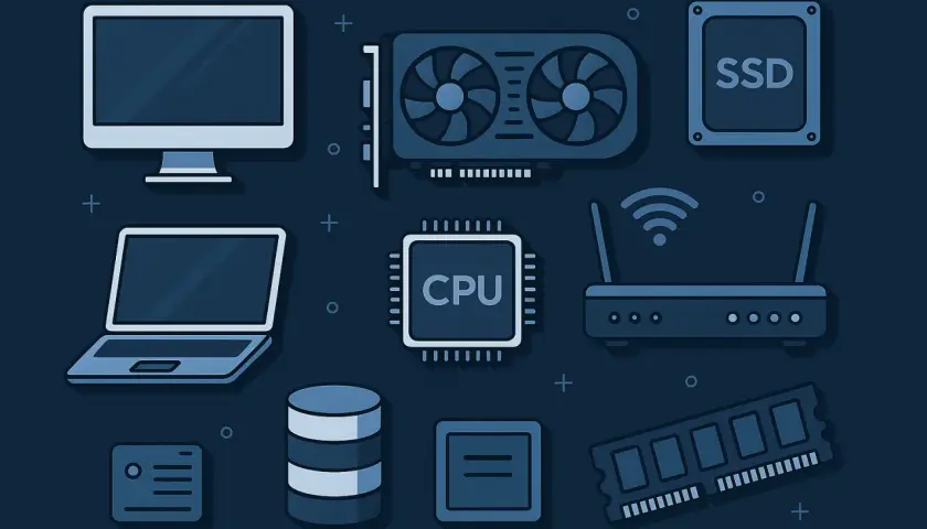 Komponenty komputera: monitor, laptop, karta graficzna, CPU, SSD, router, RAM. Idealne, by wybrać jaki komputer do VR.