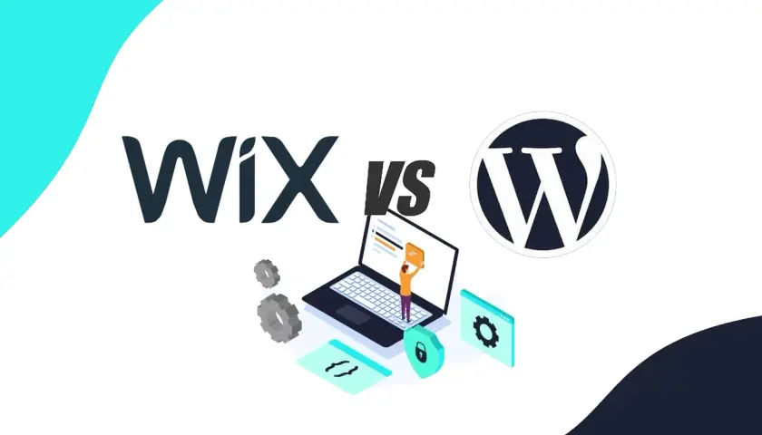 Wix czy WordPress? Grafika porównuje te dwie platformy do tworzenia stron, z ikonami i elementami graficznymi.