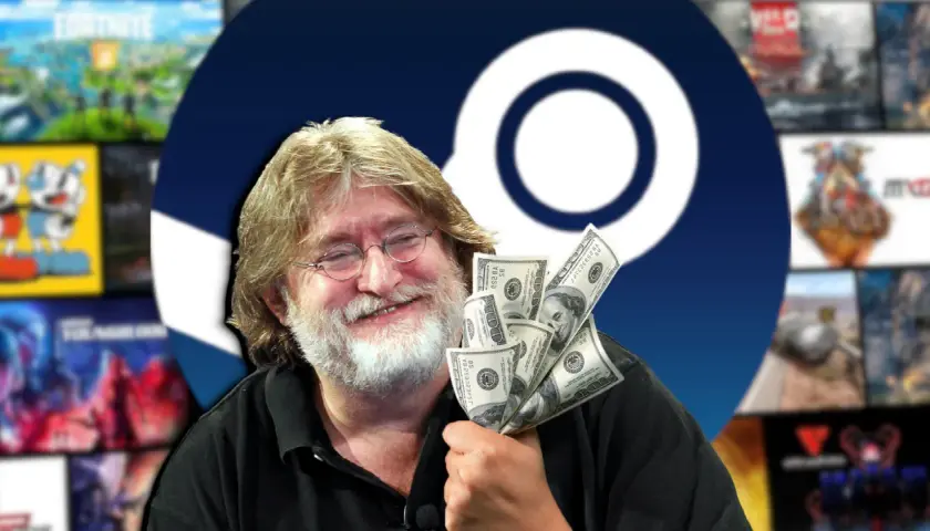 Gabe Newell z kupką dolarów, w tle logo Steam i okładki fajne gry na Steam.