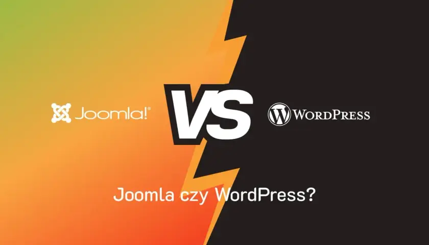 Logo Joomla i WordPress obok siebie, z napisem "Joomla czy WordPress?".
