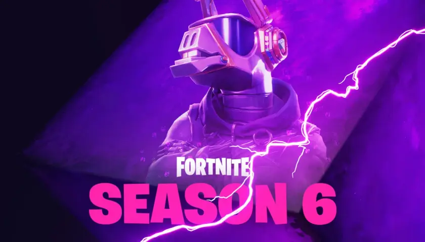 Postać w hełmie z goglami, otoczona fioletowymi błyskawicami. Napis "FORTNITE SEASON 6" w neonowych barwach.