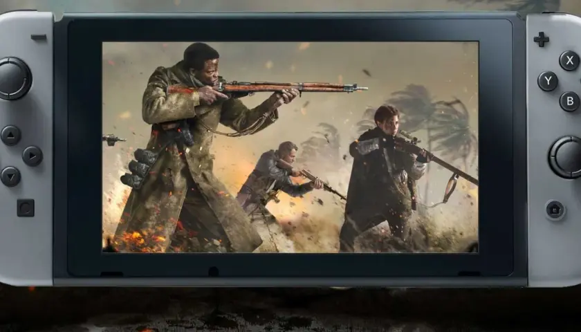 Call of Duty na Nintendo Switch: żołnierze w akcji, wybuchy i tropikalne krajobrazy.
