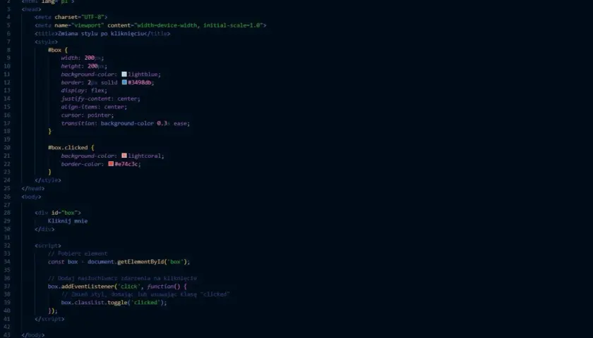 Kod HTML i CSS z przykładem interakcji: javascript ile html yazdırma zmienia styl elementu po kliknięciu.