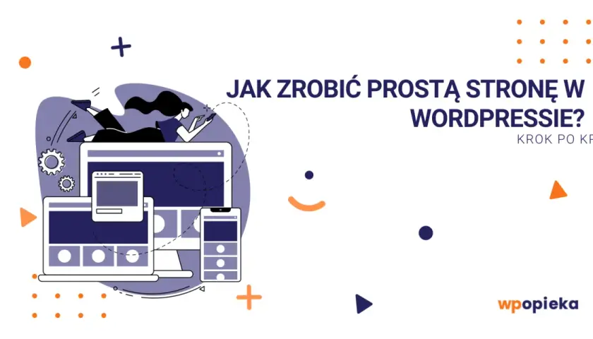 Ilustracja pokazuje, jak opublikować stronę WordPress. Kobieta leży na ekranie komputera, korzystając z telefonu.