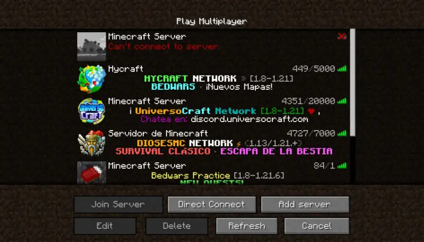 Lista serwerów Minecraft, w tym Hycraft i UniversoCraft. Brak wpisu Hypixel IP, ale można dodać nowy serwer.
