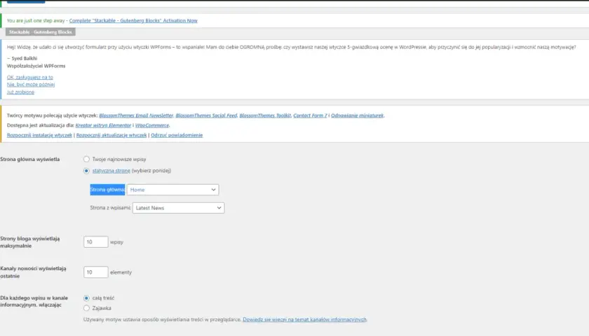 Ustawienia WordPress: jak ustawić stronę główną. Wybierz statyczną stronę "Home" jako stronę główną, a "Latest News" jako stronę wpisów.