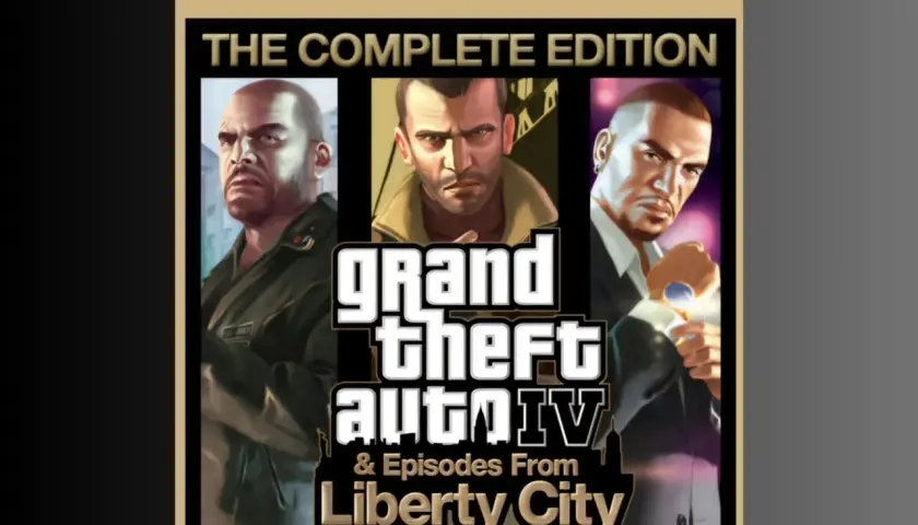 Okładka gry Grand Theft Auto IV: The Complete Edition na PS5. Trzech bohaterów, Niko, Johnny i Luis, patrzy wprost na widza.