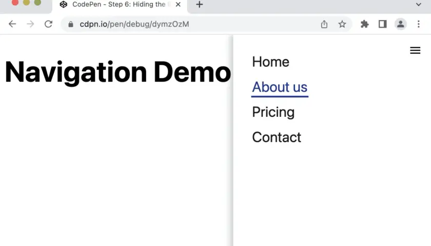 Strona "Navigation Demo" z menu: Home, About us, Pricing, Contact. Pokazuje, jak zrobić kotwicę HTML.