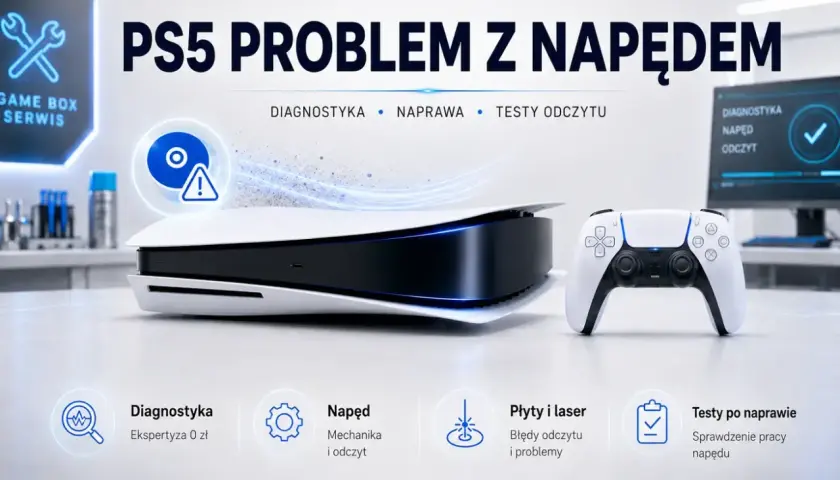 Konsola PS5 z problemem napędu. Serwis Gamebox oferuje diagnostykę, naprawę i testy odczytu.