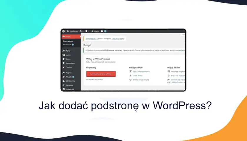Panel WordPress z opcją "Dodaj strony" i tekstem "Jak dodać podstronę w WordPress?".