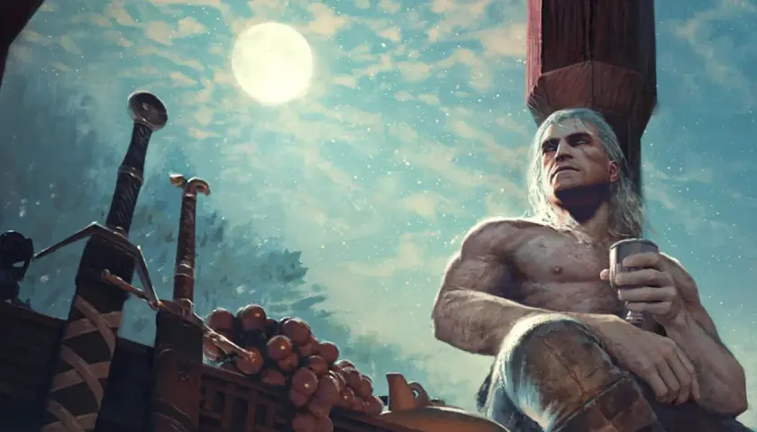 Geralt z Rivii, z kielichem w dłoni, odpoczywa pod księżycem. Obok niego dwa miecze, winogrona i dzbanek. Zapowiedź wiedźmin 3 nowy dodatek.