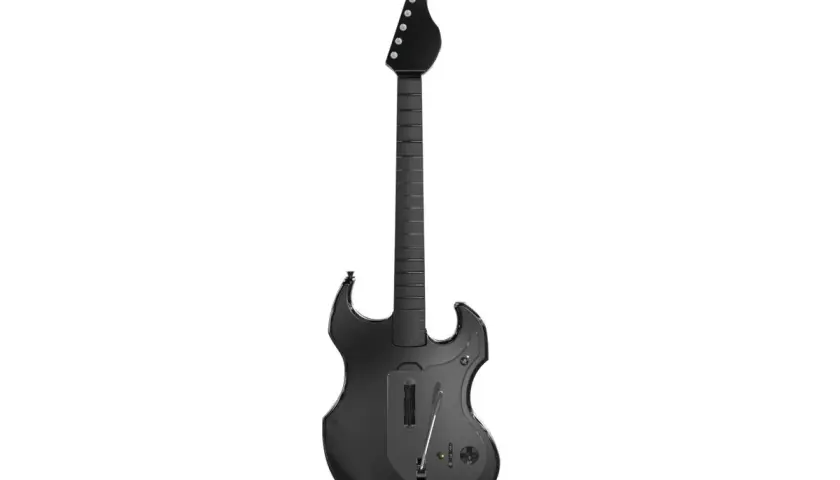 Czarna gitara kontroler do gry Guitar Hero na PS5, gotowa do rockowych riffów.