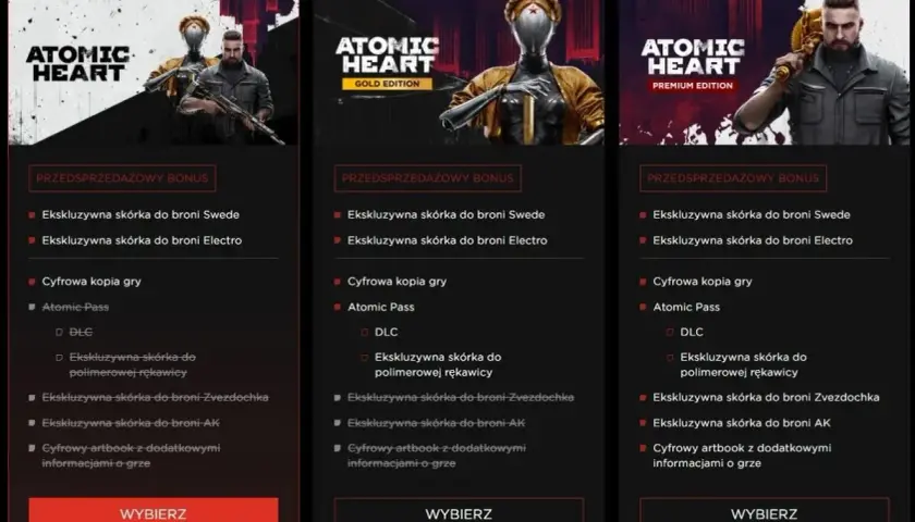 Porównanie edycji Atomic Heart: Standard, Gold i Premium. Edycja Gold i Premium zawierają Atomic Pass, cyfrową kopię gry i bonusy.