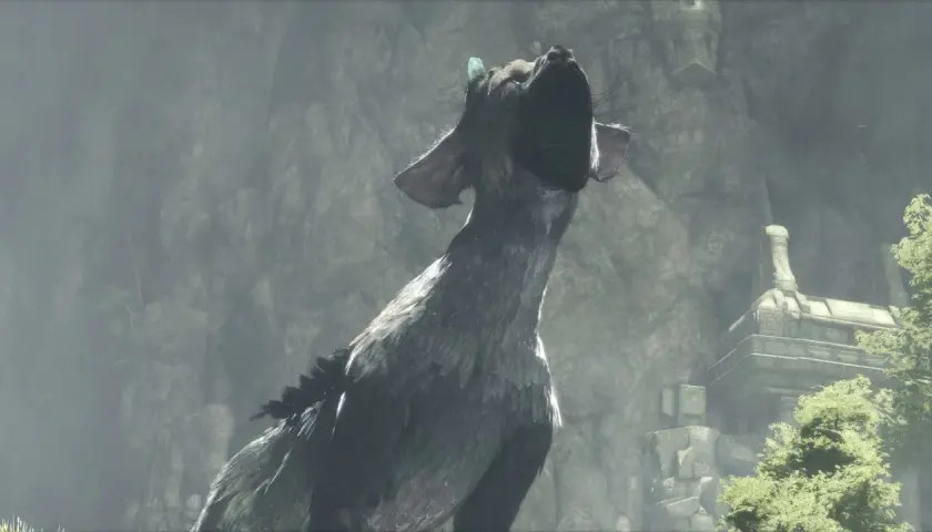 Trico, the last guardian, woła o pomoc w ruinach. Gra The Last Guardian na PC.