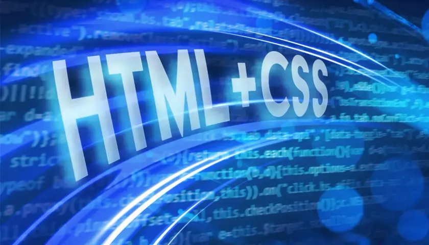 Białe napisy "HTML + CSS" na tle niebieskiego kodu. Pokazuje, jak połączyć html ile css, tworząc strony internetowe.