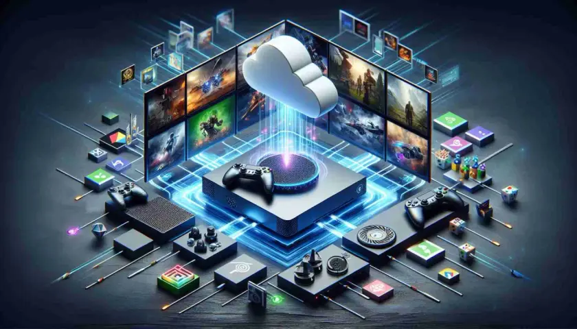 Konsola Xbox i kontrolery otoczone ekranami z grami, symbolizujące **xbox granie w chmurze**. Chmura wysyła strumień danych do konsoli.