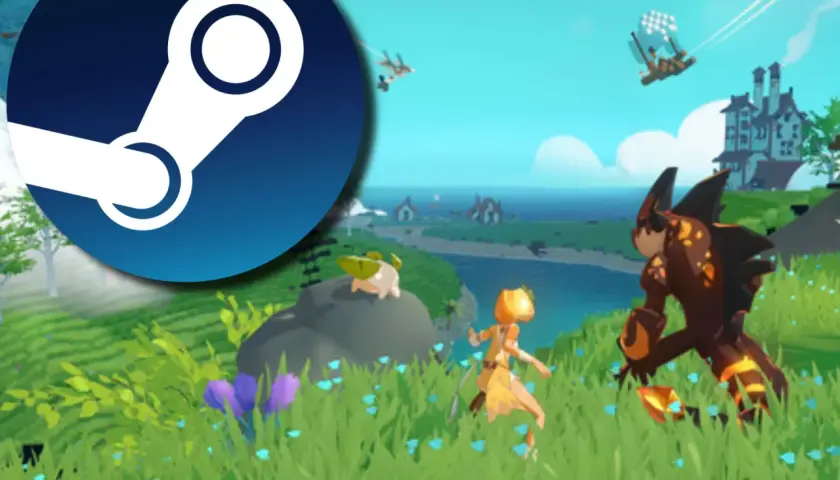 Logo Steam na tle kolorowej gry z postaciami przypominającymi pokemony, w tym walczący potwór i dziewczyna.