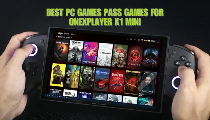 Ręce trzymają przenośną konsolę z widoczną listą gier na PC. To świetna game pass pc lista gier na OneXPlayer X1 Mini.