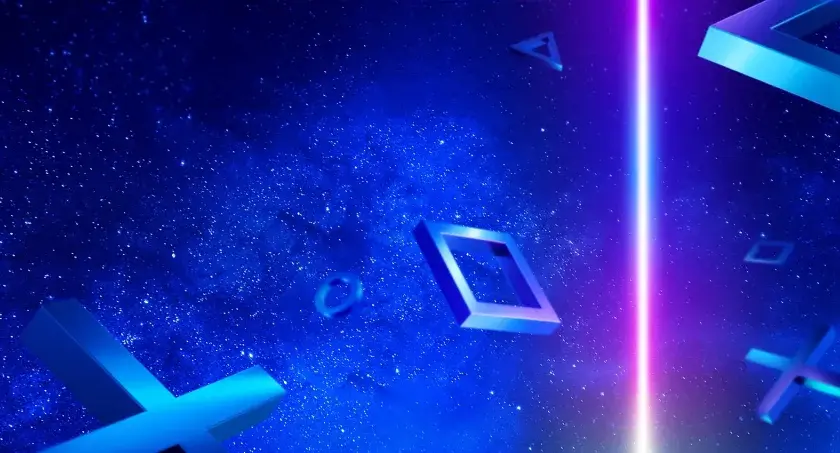 Gwieździste niebo z symbolami PlayStation. Trójkąt, kwadrat, kółko i krzyżyk unoszą się w kosmosie, a między nimi rozbłyska neonowy promień.