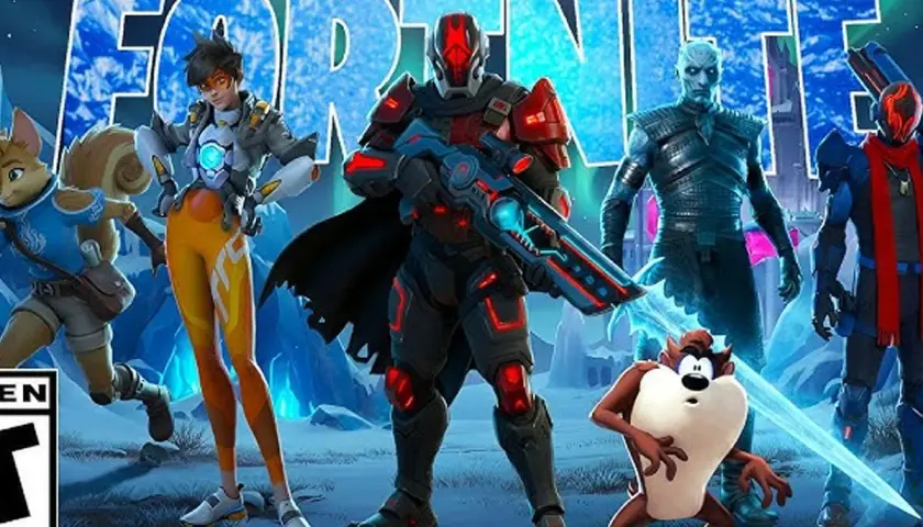 Postacie z Fortnite, w tym Tracers, w zimowej scenerii. To zapowiedź, który jest sezon w Fortnite, z Tasmanskim Diabłem.
