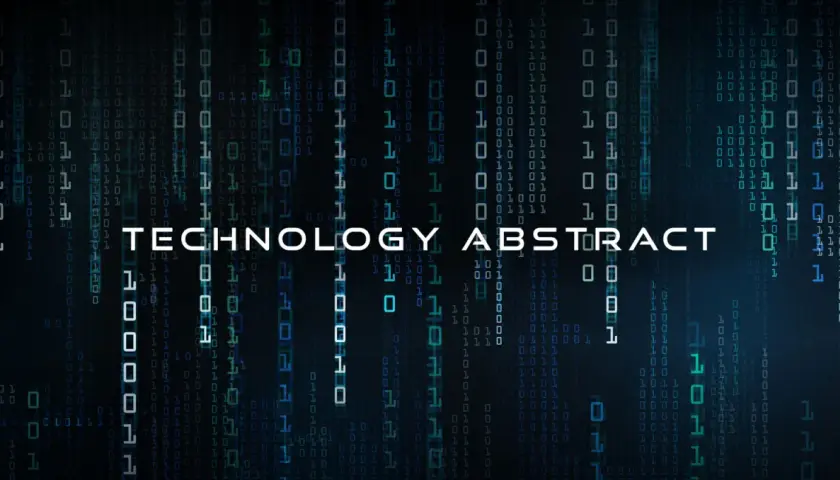 Cyfrowy deszcz zer i jedynek, jak przelozyc zdanie na system binarny. Napis "TECHNOLOGY ABSTRACT" w centrum.