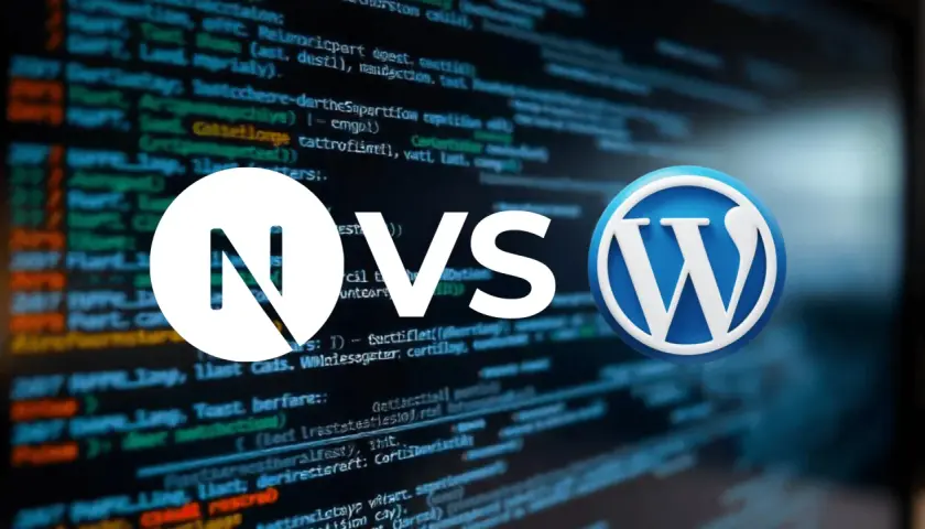 Porównanie: logo Next.js vs WordPress na tle kodu. Który CMS czy HTML wybrać?