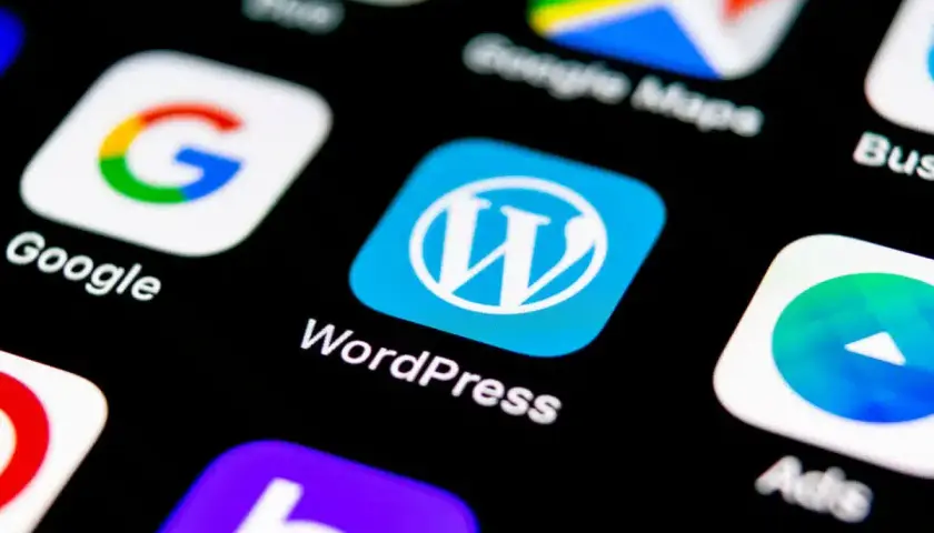 Ikona WordPress na ekranie smartfona, obok Google. Wybór między Webflow czy WordPress dla Twojej strony?