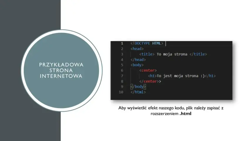 Przykładowa strona internetowa HTML na informatykę: kod z nagłówkiem i tekstem. Zapisz plik z rozszerzeniem .html.