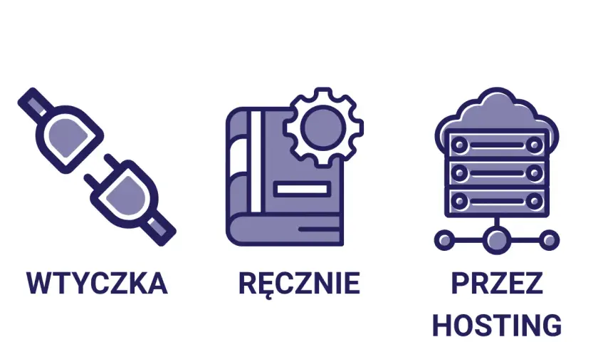 Ikony: wtyczka, książka z kołem zębatym, serwer w chmurze. Ilustrują, jak przenieść stronę WordPress na inny serwer.