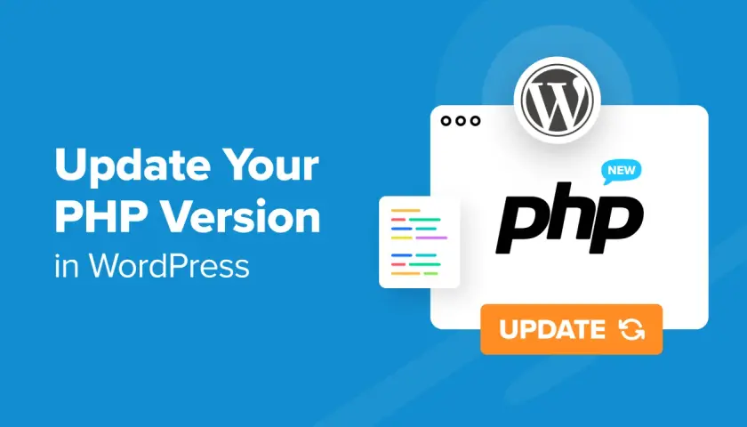 Jak zaktualizować PHP w WordPress? Grafika pokazuje logo WordPress, napis "php" z etykietą "NEW" i przycisk "UPDATE".