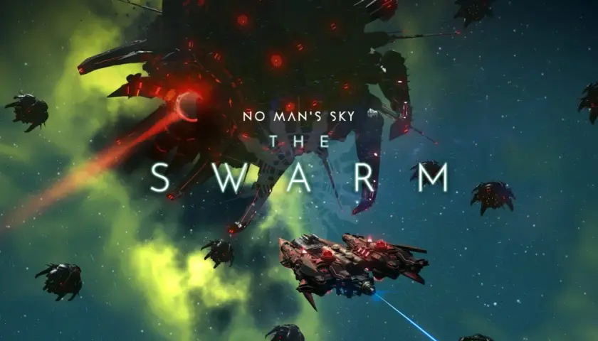 No Man's Sky aktualizacja "The Swarm" - ogromny statek kosmiczny i roje mniejszych jednostek w kosmicznej bitwie.