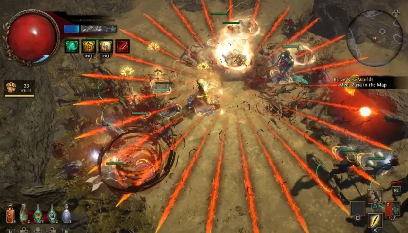 Intensywna walka w Path of Exile po polsku. Postać walczy z hordą wrogów, używając ognistych zaklęć.