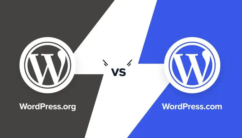 Porównanie WordPress.org i WordPress.com. Dwa logotypy WordPress z napisami.