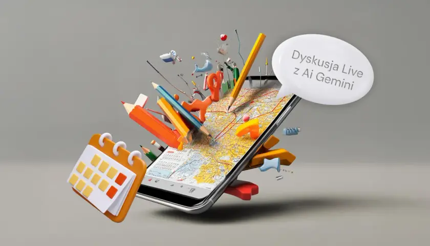 Telefon z mapą i ikonami symbolizującymi naukę. Dyskutuj z Ai Gemini, poznaj co to jest sztuczna inteligencja w telefonie.