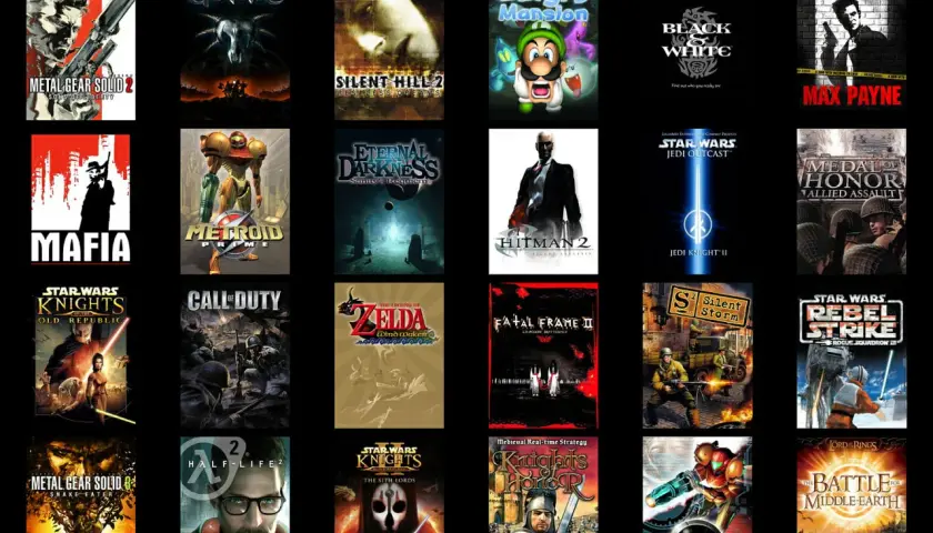 Kolekcja okładek gier PC, w tym Metal Gear Solid, Mafia, Zelda, Star Wars i inne, tworząca listę top 100 gier PC.