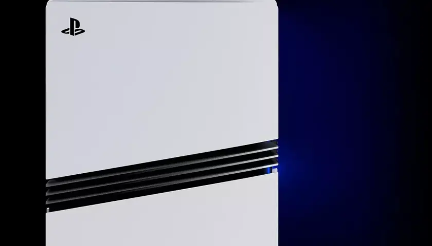 Biała konsola PlayStation 5 leży poziomo, z niebieskim światłem emanującym z bocznego otworu wentylacyjnego.