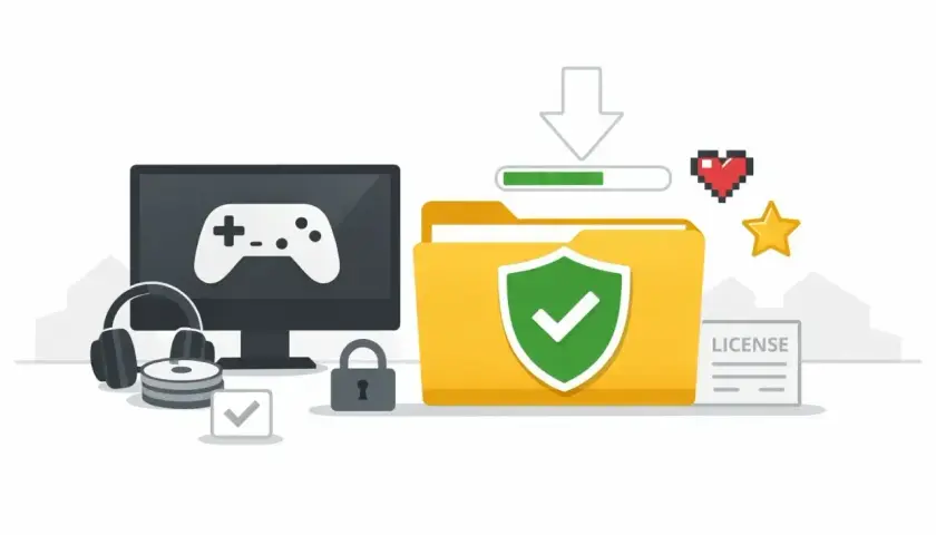 Komputer z padem, słuchawki, płyty, kłódka i folder z tarczą symbolizują bezpieczne pobieranie **free gry na Steam**.