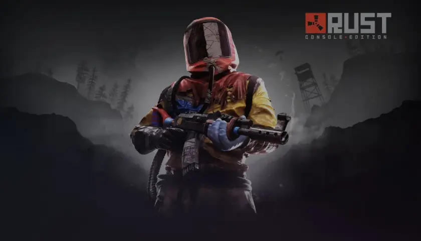 Postać w kombinezonie z bronią, gotowa do walki w świecie Rust. Ciesz się możliwością **Rust crossplay** na konsolach!