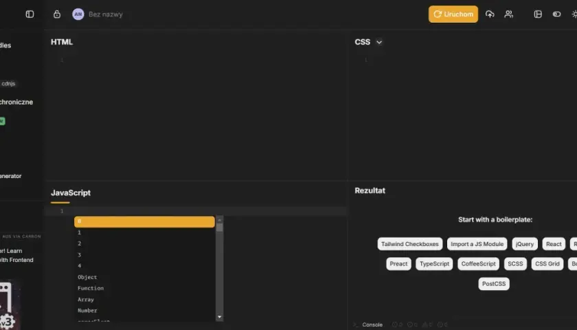 Edytor kodu online, gdzie pisać HTML, CSS i JavaScript. Widoczny panel z opcjami i podgląd wyników.