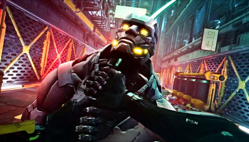 Cyberpunkowy android z żółtymi oczami, w mrocznym zaułku. Jego pancerz nosi ślady walki, symbolizując valor mortis.