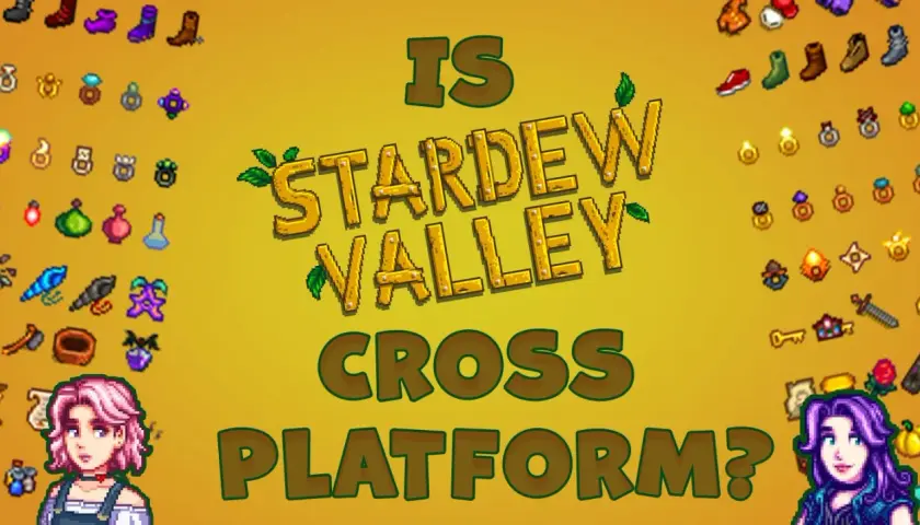 Czy Stardew Valley cross platform? Grafika przedstawia ikony przedmiotów z gry i pytanie o możliwość wspólnej gry między platformami.