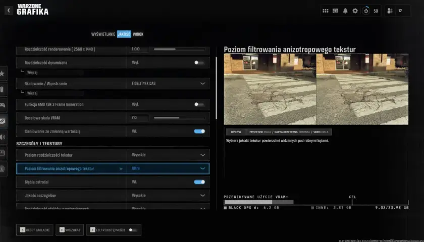 Ustawienia grafiki w Warzone na PS5: Poziom filtrowania anizotropowego tekstur ustawiony na Ultra.